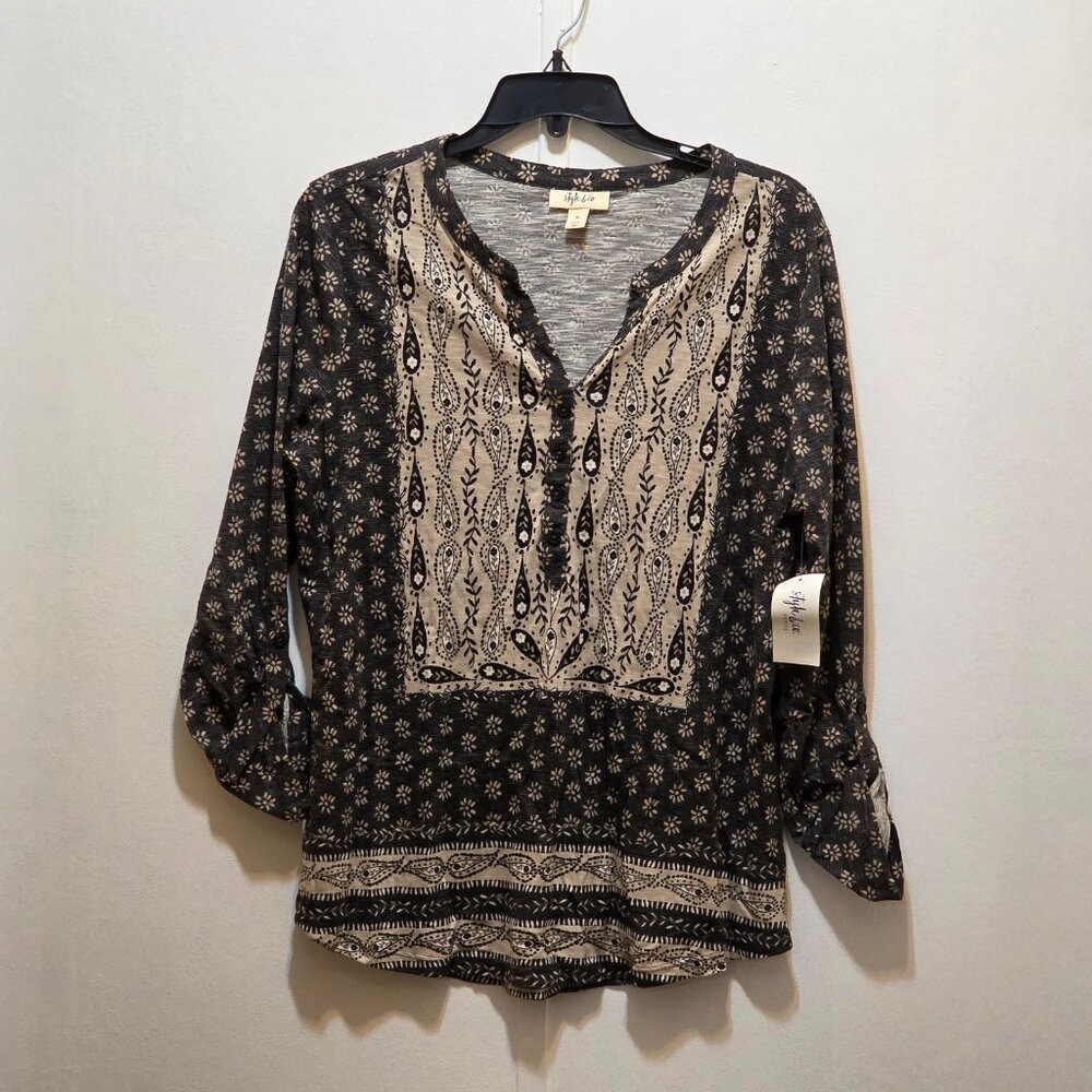 Style & Co Roll Tab Sleeves Paisley 1/2‎ Button V-Neck Hippie Boho Top PL New